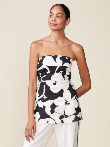 FLORAL LINEN BLEND STRAPLESS TOP, Size: S