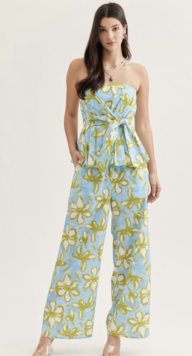 Light Blue Strapless Top with Flowers, Size: Small