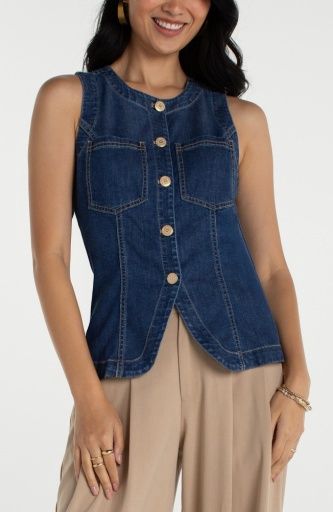 crew neck split front vest denim, Size: XS
