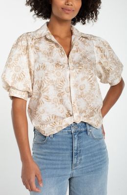 puff slv button front woven top w/ twist