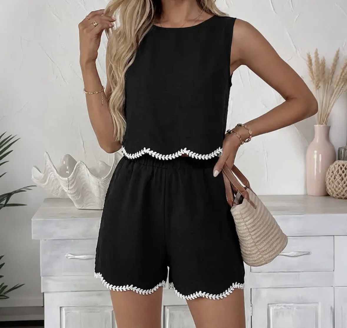 Black Contrast Short Set, Size: Small