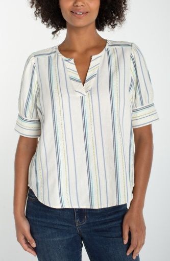 short sleeve popover woven top green, Colour: crm/blu mt v st, Size: XS