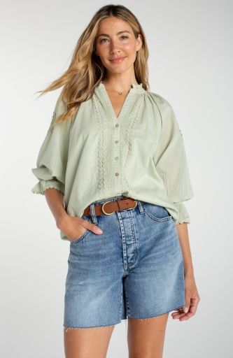 3/4 slv button front woven top w/emb, Colour: matcha, Size: XS