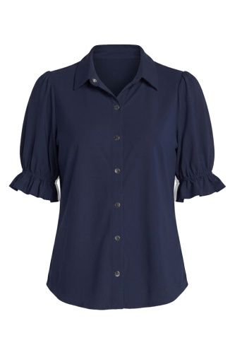 White elbow puff sleeve snap front knit shirt, Colour: navy ink, Size: S