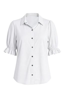 White elbow puff sleeve snap front knit shirt