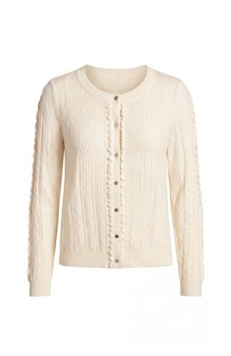 long slv button front cardigan swtr w ruffles, Colour: cream, Size: XS