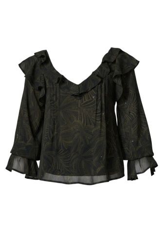 long slv dbl ruffle vneck wvn blouse, Colour: blk/olv leaves, Size: XL