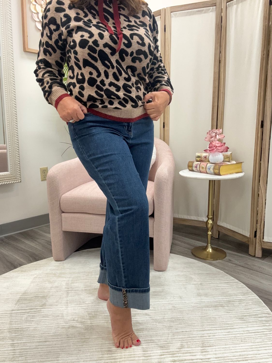Jeans with leopard trim at hem, Size: 4