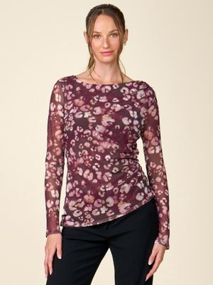 LONG SLEEVE PRINTED MESH BOAT NECK TOP