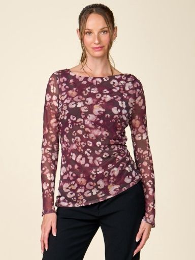 LONG SLEEVE PRINTED MESH BOAT NECK TOP, Size: XS