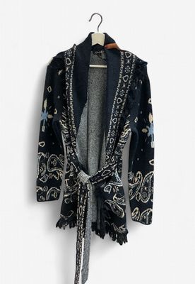 Fringe belted cardigan Navy