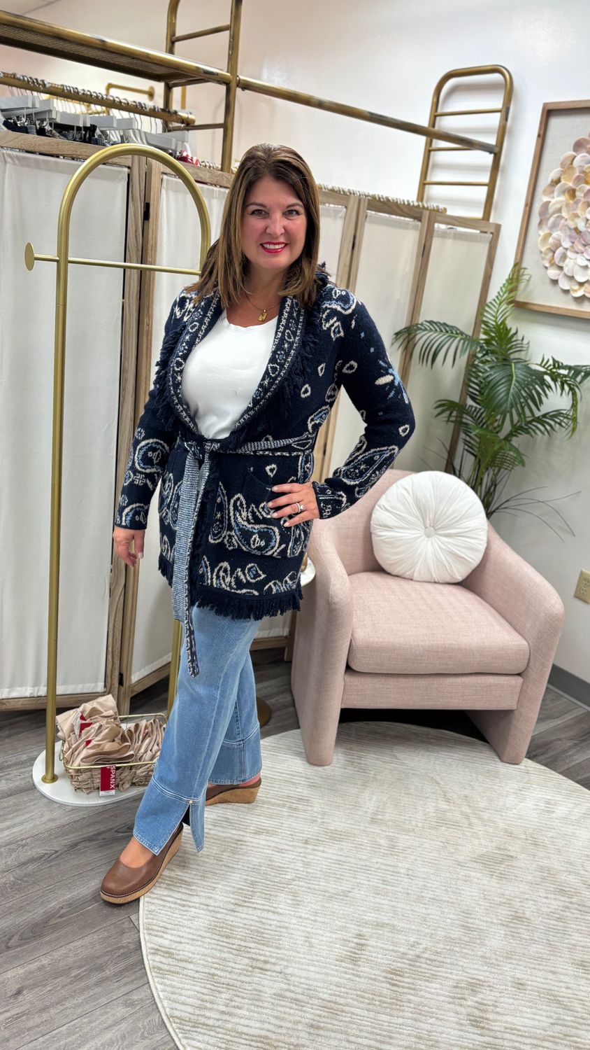 Fringe belted cardigan Navy, Size: XSmall