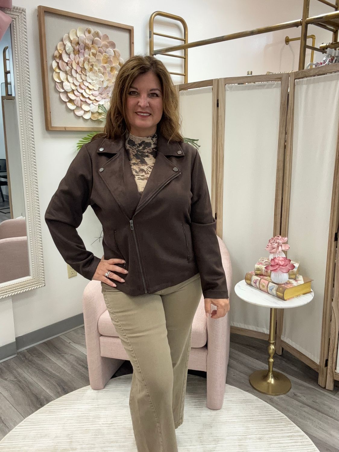 Faux Suede Moto Jacket Coffee, Size: XSmall