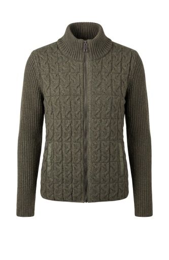 long slv zip front quilted sweater jacket, Colour: heather olive, Size: XS