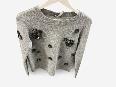 Grey Sweater with Flower Embellishment