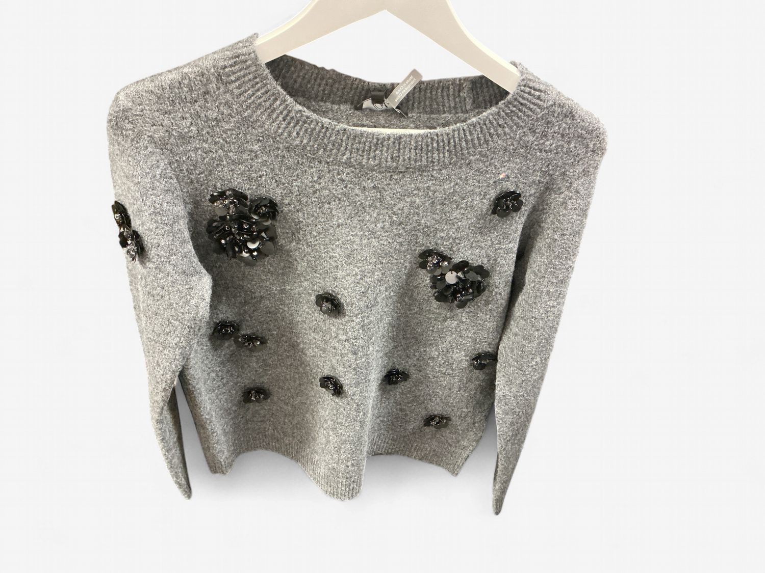 Grey Sweater with Flower Embellishment, Size: XSmall
