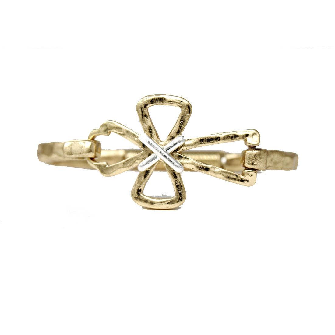 Gold Open Cross with Silver Wired Accents Hinged Bracelet