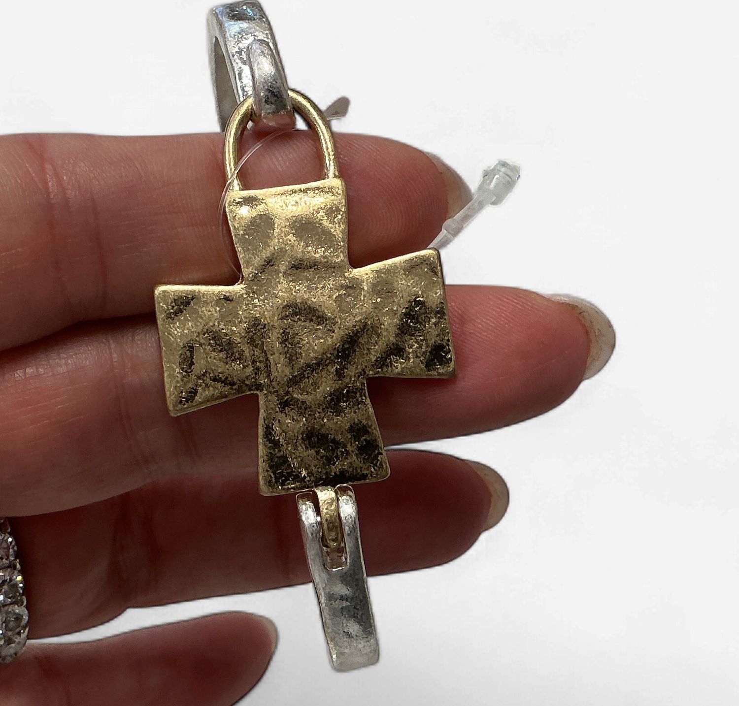 Silver Open Cross with Gold Wired Accents Hinged Bracelet