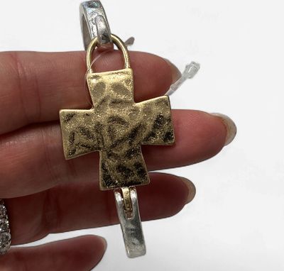 Silver Open Cross with Gold Wired Accents Hinged Bracelet