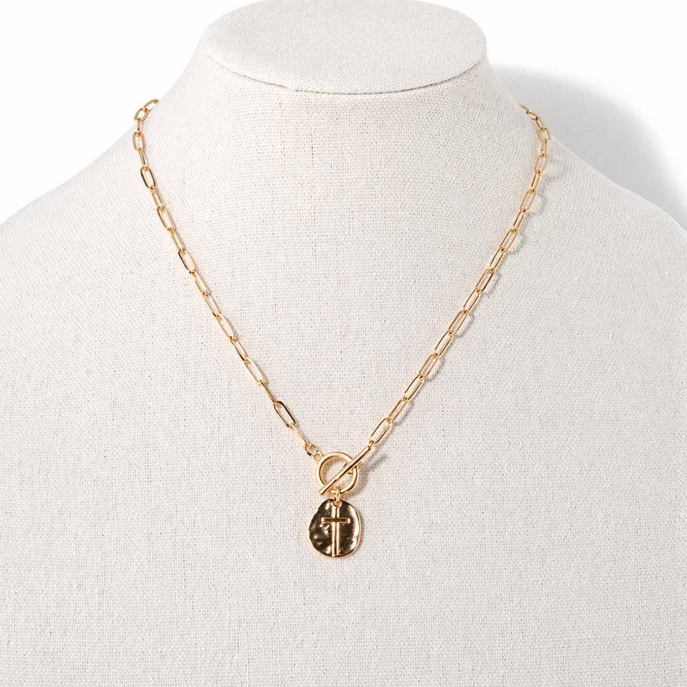 Cross Disk Pendant Toggle Necklace