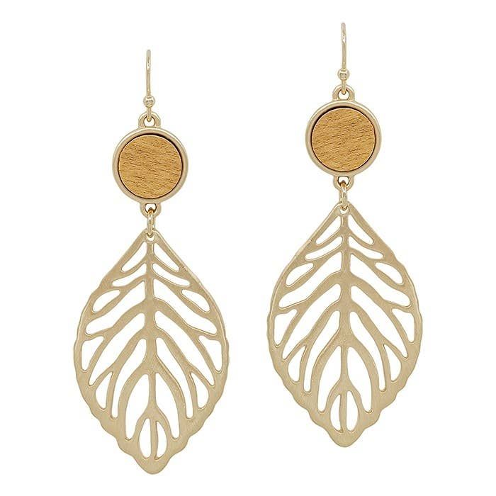 Mustard Wood Circle with Matte Gold Leaf 2" Earring