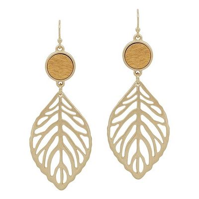 Mustard Wood Circle with Matte Gold Leaf 2" Earring