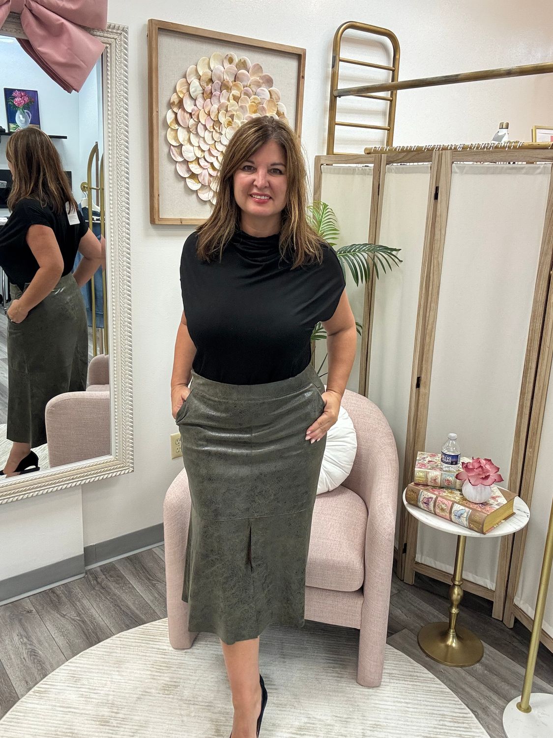 Olive Green Vegan Leather Skirt, Size: 4