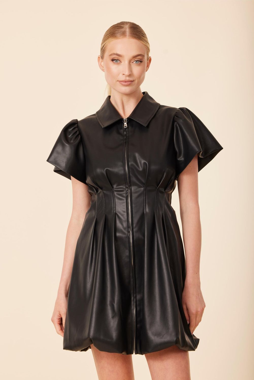 Vegan Leather Zip Bubble Dress Black, Size: Small