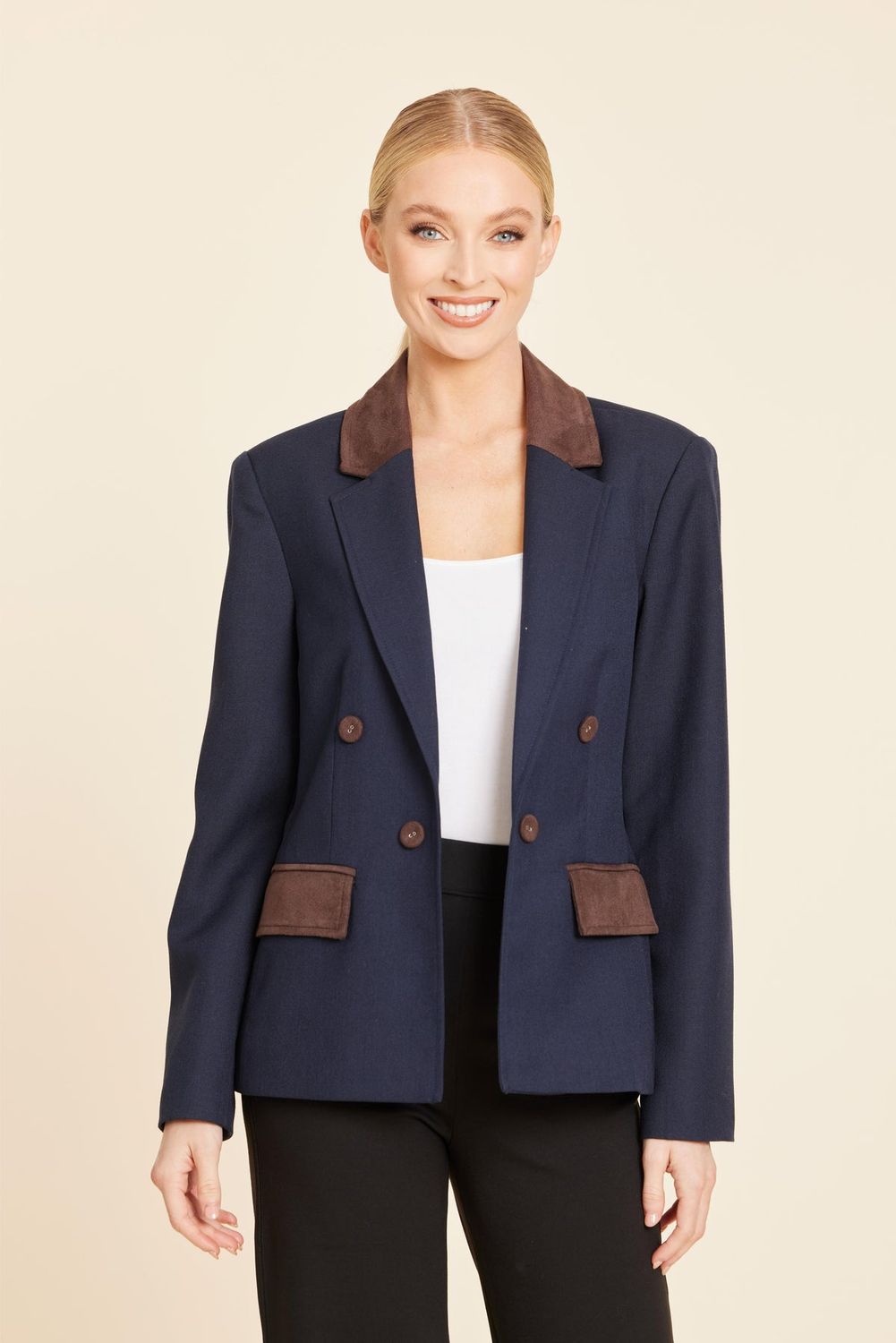 Faux Suede Trimmed Blazer Navy, Size: Small