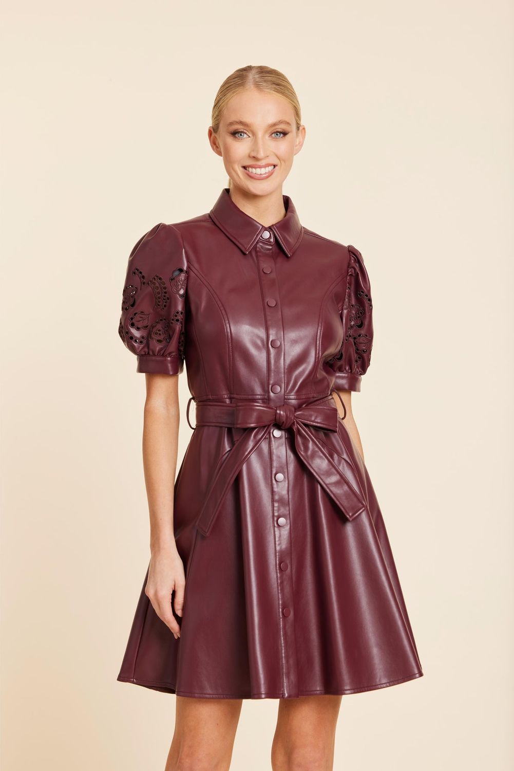Vegan Leather Embroidered CutOut Dress, Size: Small