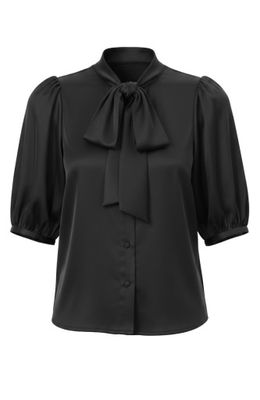 elbow length puff slv btn frnt wvn top