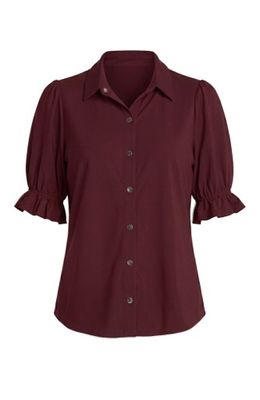 elbow puff sleeve snap front knit shirt oxblood
