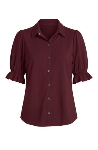 elbow puff sleeve snap front knit shirt oxblood, Colour: dark oxblood, Size: XS