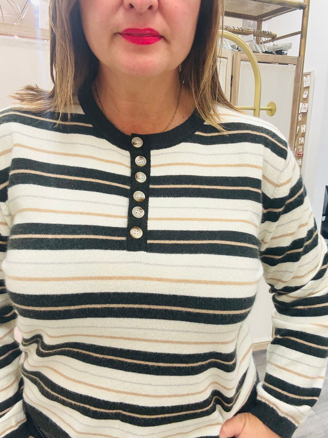 Striped Sweater w Button, Size: XSmall
