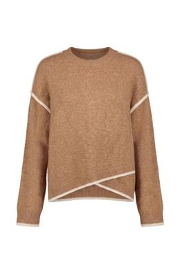 long slv crewneck sweater w cream tulip hem camel