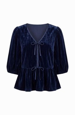 3/4 blouson slv tie frnt woven peplum top