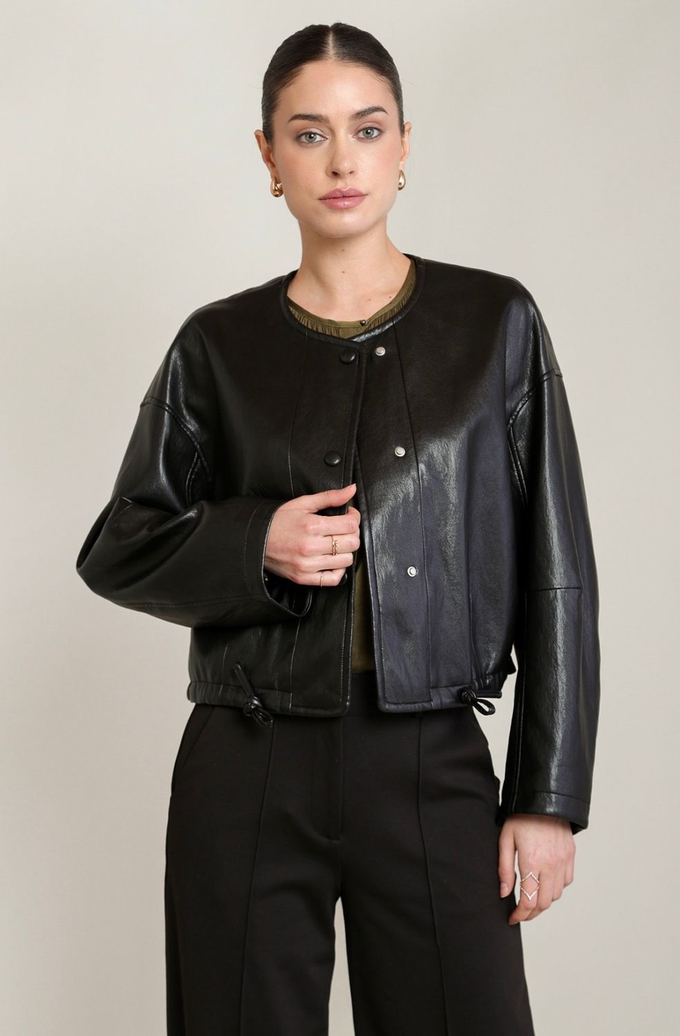 Black boxy vegan leather bomber jacket, Size: XSmall