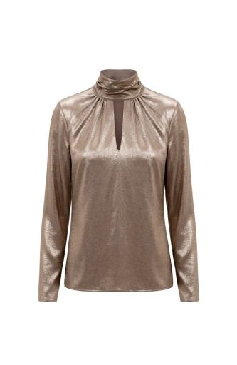 long slv woven blouse w back necktie, Colour: sft brnze metlc, Size: XS