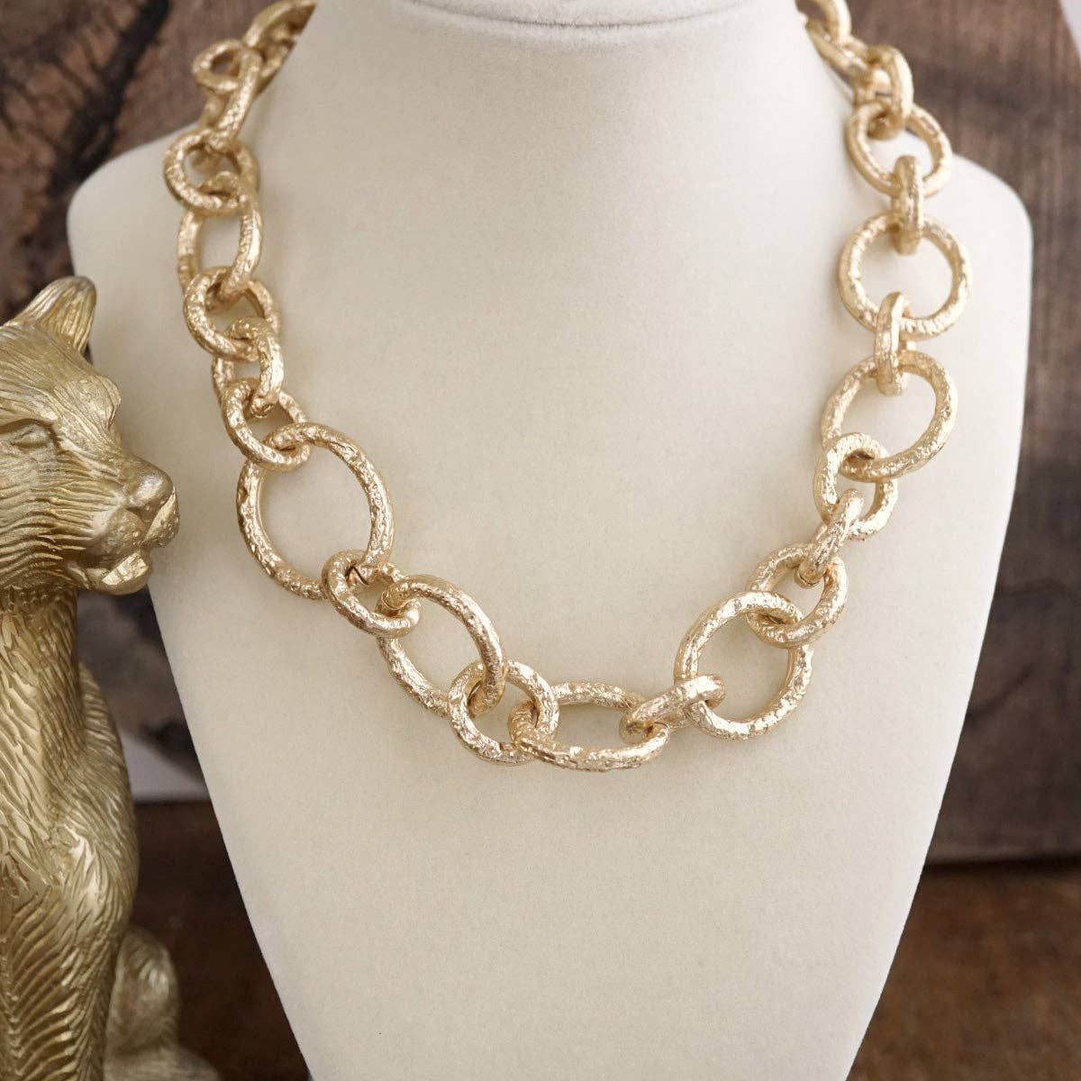 Chunky Statement Necklace – Asymmetric Chunky Chain Necklace, Color: Worn Gold tone