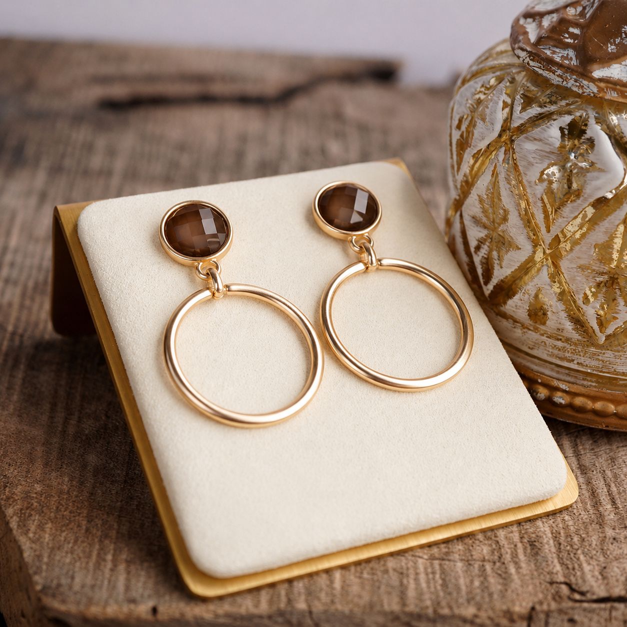 Gold Dipped Hoop Earrings with Faceted Stone – Color Pop Glow, Color: Cocoa Quartz