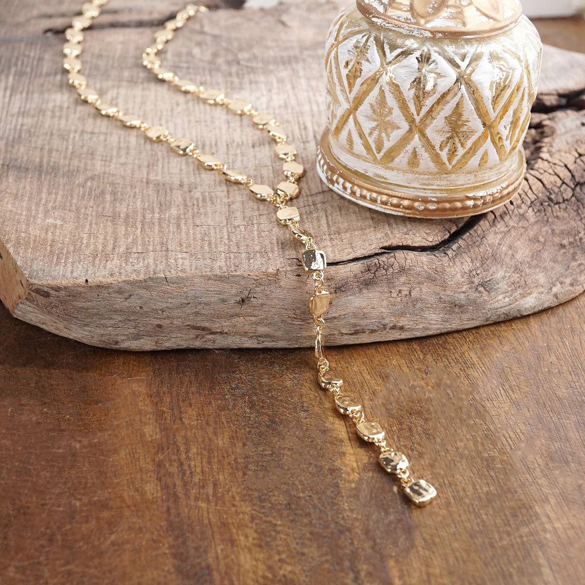 Desert Cascade – Textured Square Long Lariat Necklace, Color: Gold Tone