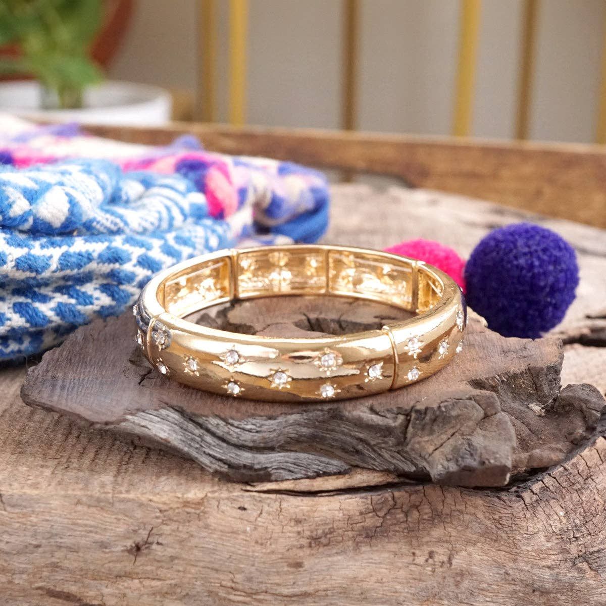 Gold-Tone Eternity Stretch Bangle – Pearls, Turquoise, or Crystals, Style: Wide - Clear Crystals