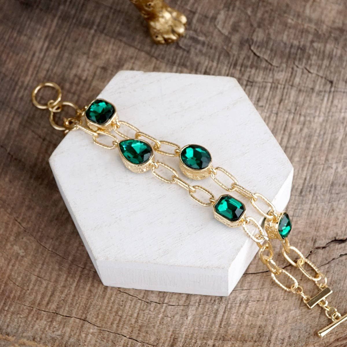 Statement Chain Bracelets with Colorful Reflective Crystals - Brilliant Bond, Color: Emerald Green