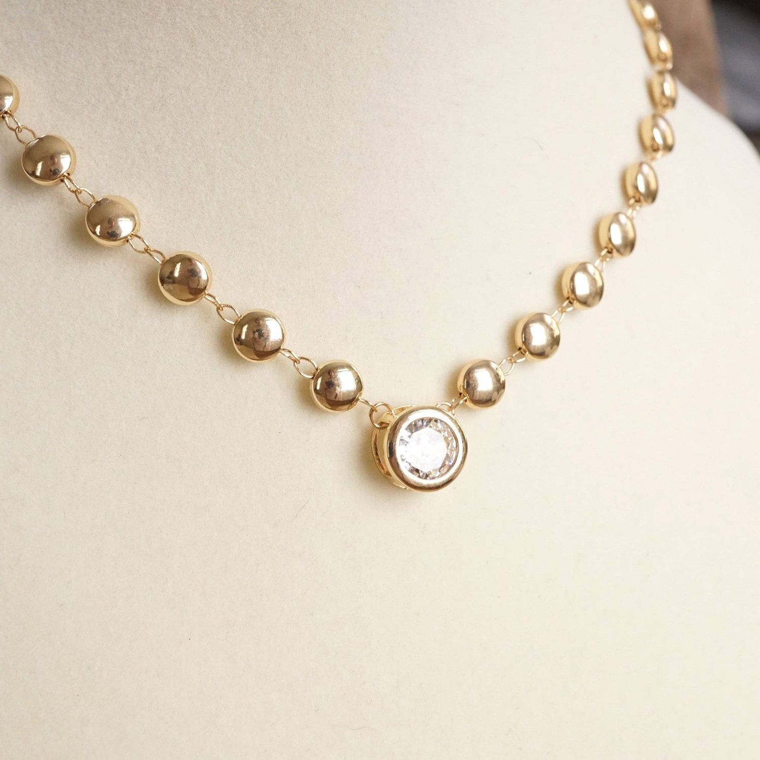Clear Crystal Bezel Pendant Dot Chain Neckline Necklace, Color: Gold Tone
