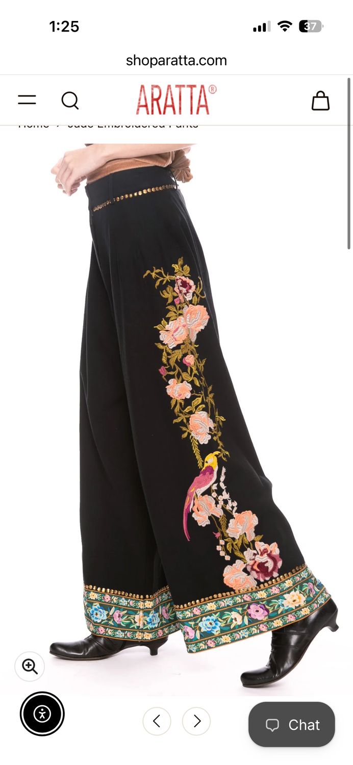 Black Cotton Embroidered Pants, Size: XSmall