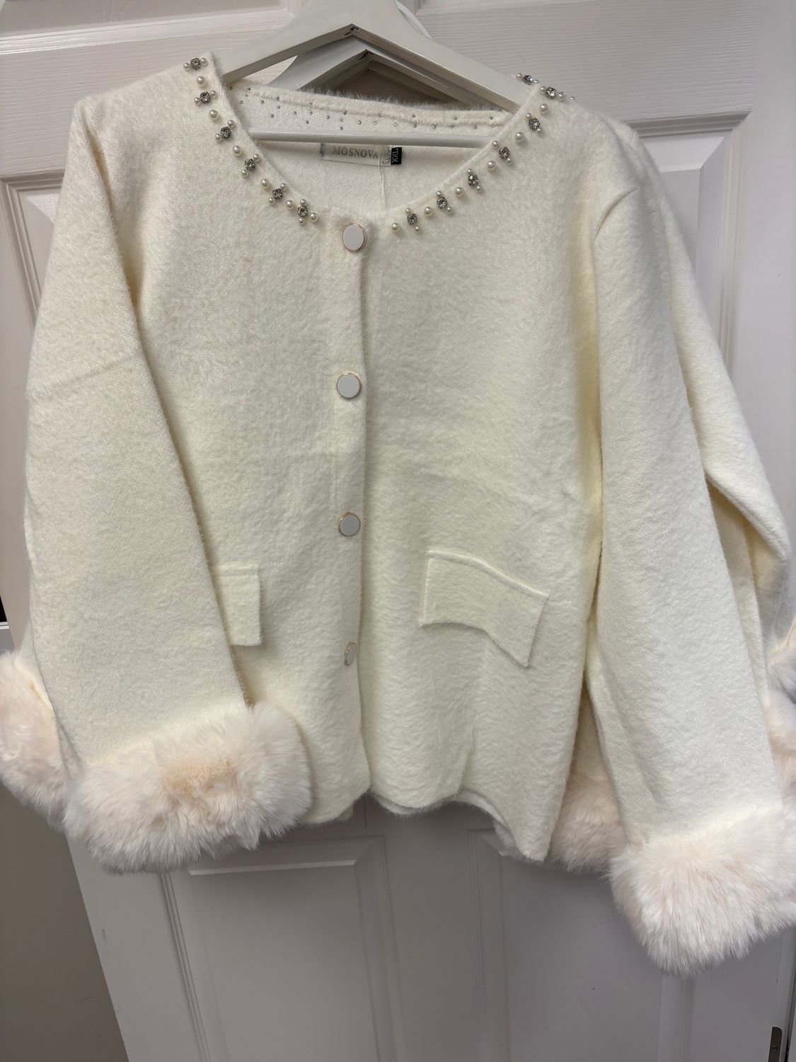 White Sweater Jacket with Rhinestones, Size: Small