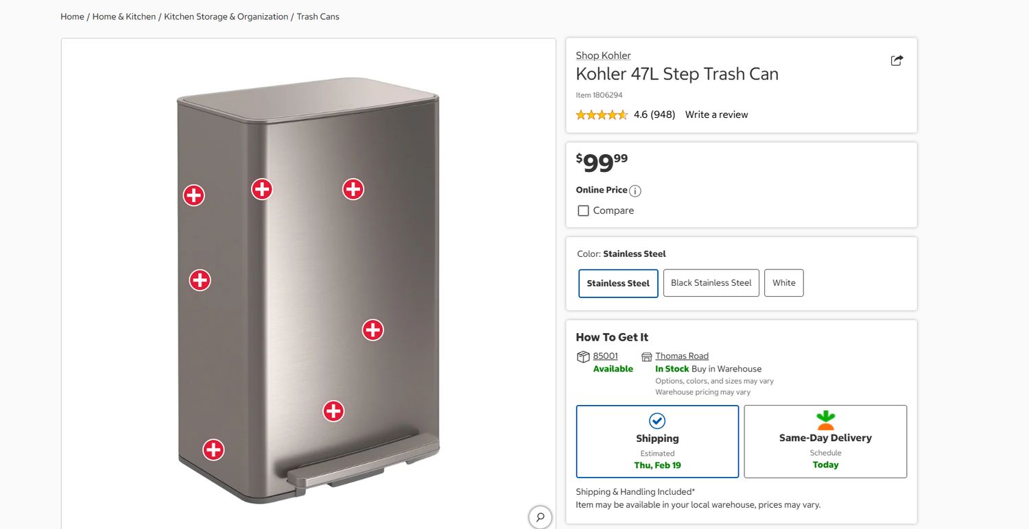 Kohler 13 Gallon Stainless Steel Step Trash Can – 47L – Kitchen Size-New Iin Box