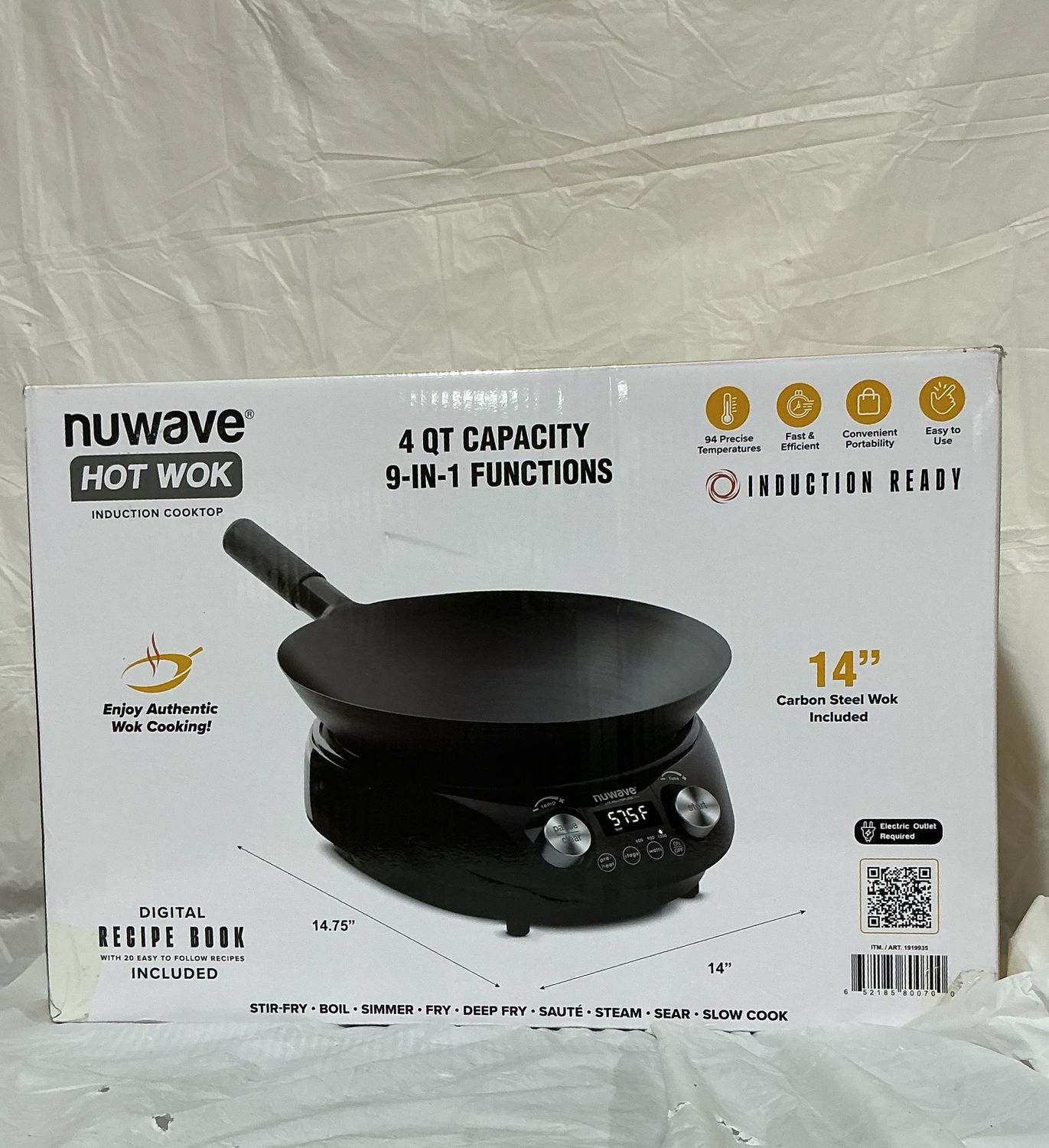NuWave Hot Wok Induction Cooktop – 14” Carbon Steel Wok, 4QT, 9-in-1 Functions