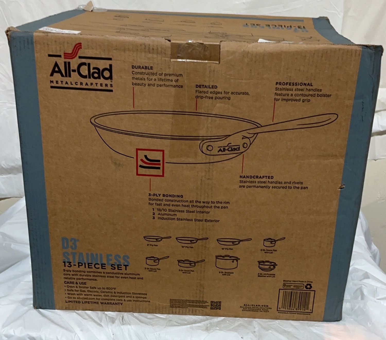 All-Clad D3 Stainless Steel 13-Piece Cookware Set – 3-Ply Bonded – Made in US Open Box Like New