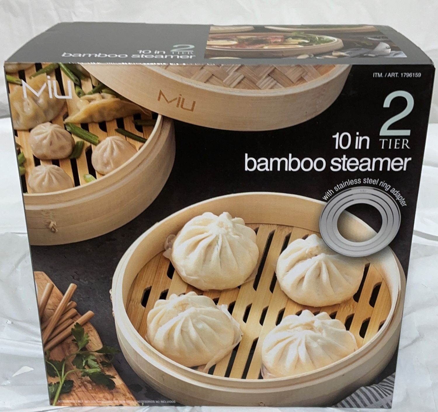 MIU 10” 2-Tier Bamboo Steamer – Stainless Steel Ring Adapter Included used good condition